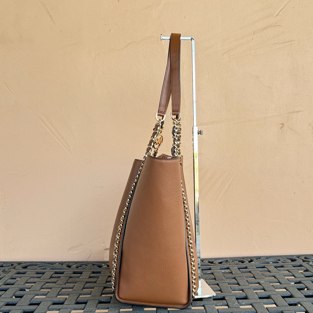Michael Kors Mina Large Belted Chain Shoulder Tote Bag Brown Luggage_5